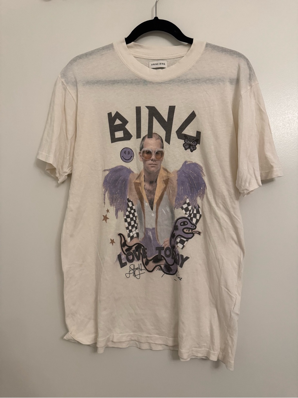 Anine Bing Cream Graphic Tee with Purple and Black Details
